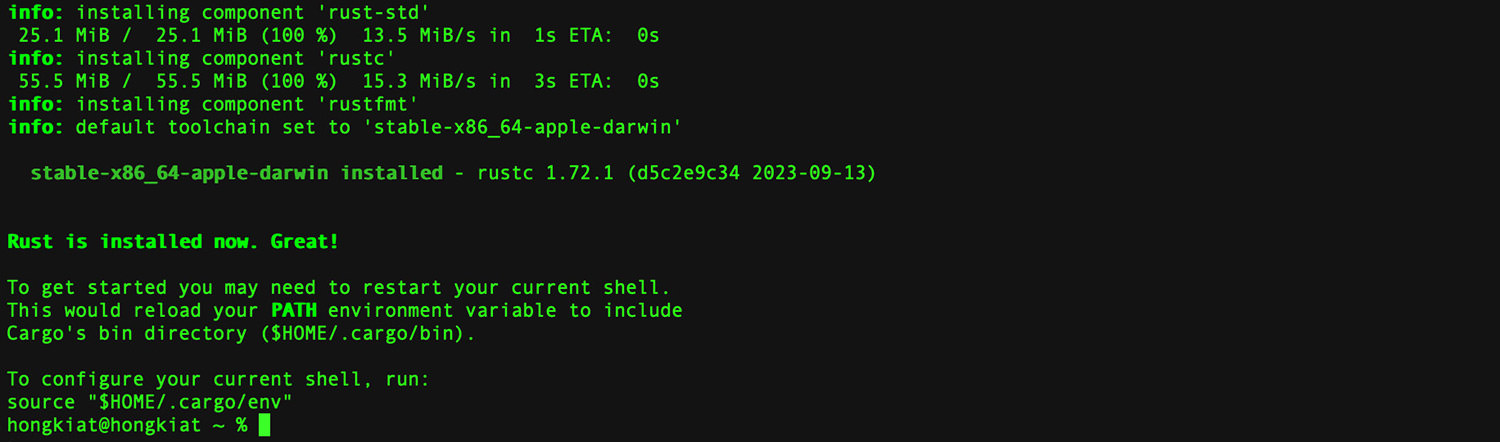 Confirmation of Rust installation in Terminal