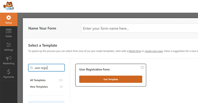 User registration form template