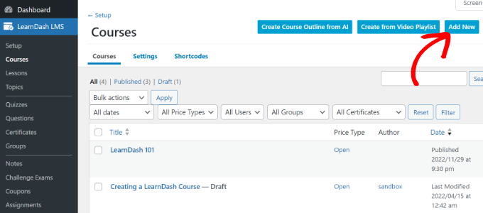 Add new courses to LearnDash