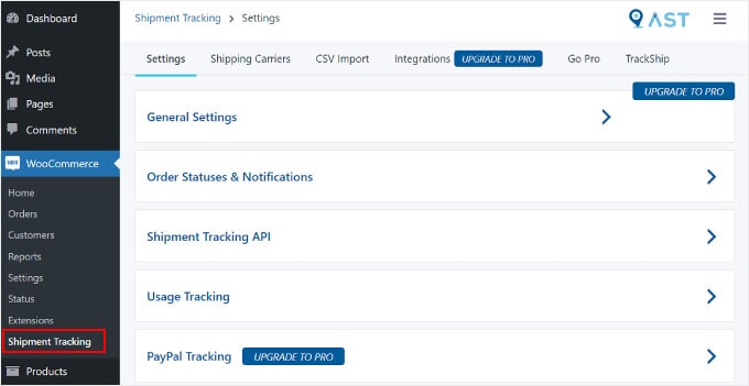 Opening the Advanced Shipment Tracking plugin page on WordPress