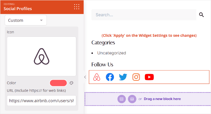 Configuring the Airbnb icon design on Social Profiles block inside SeedProd