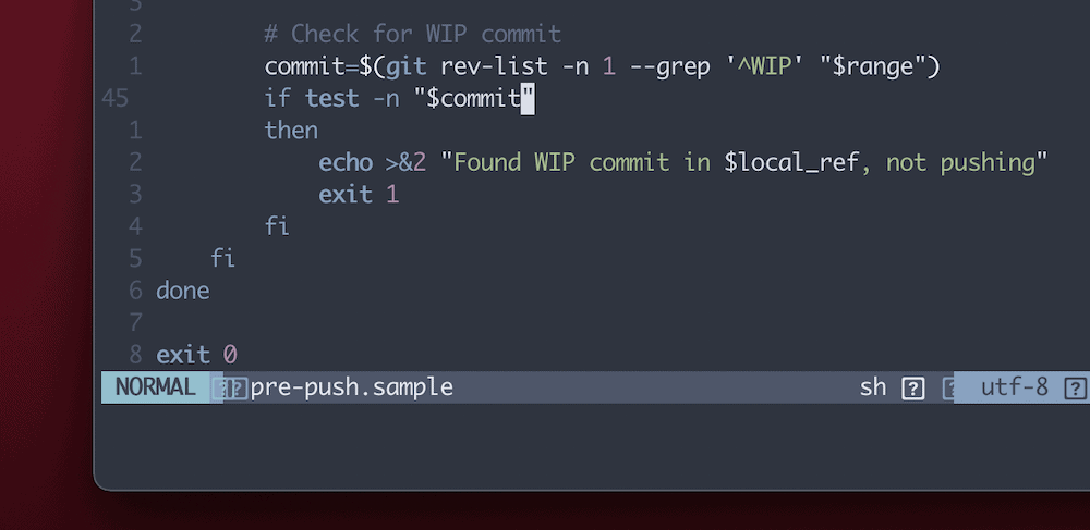 A portion of the iTerm app for macOS, showing a sample Git hook open in a NeoVim window. There is a small section of code for a pre-push hook, with an exit 0 code at the end of the suite.