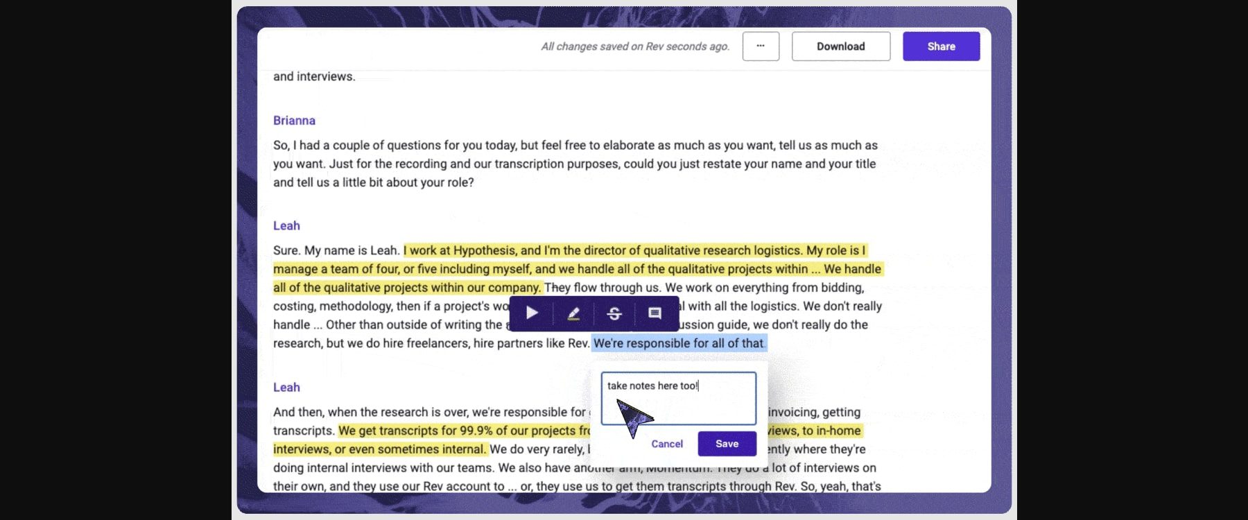 rev web-based transcription editor