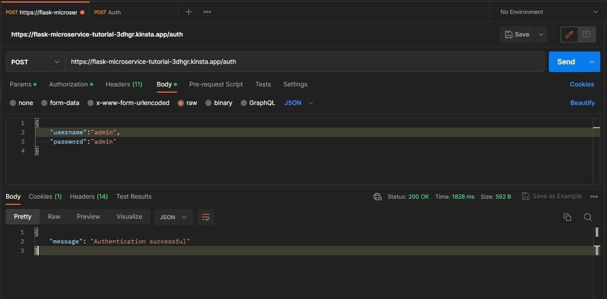 A POST request to a Microservice Auth Endpoint for authentication in Postman