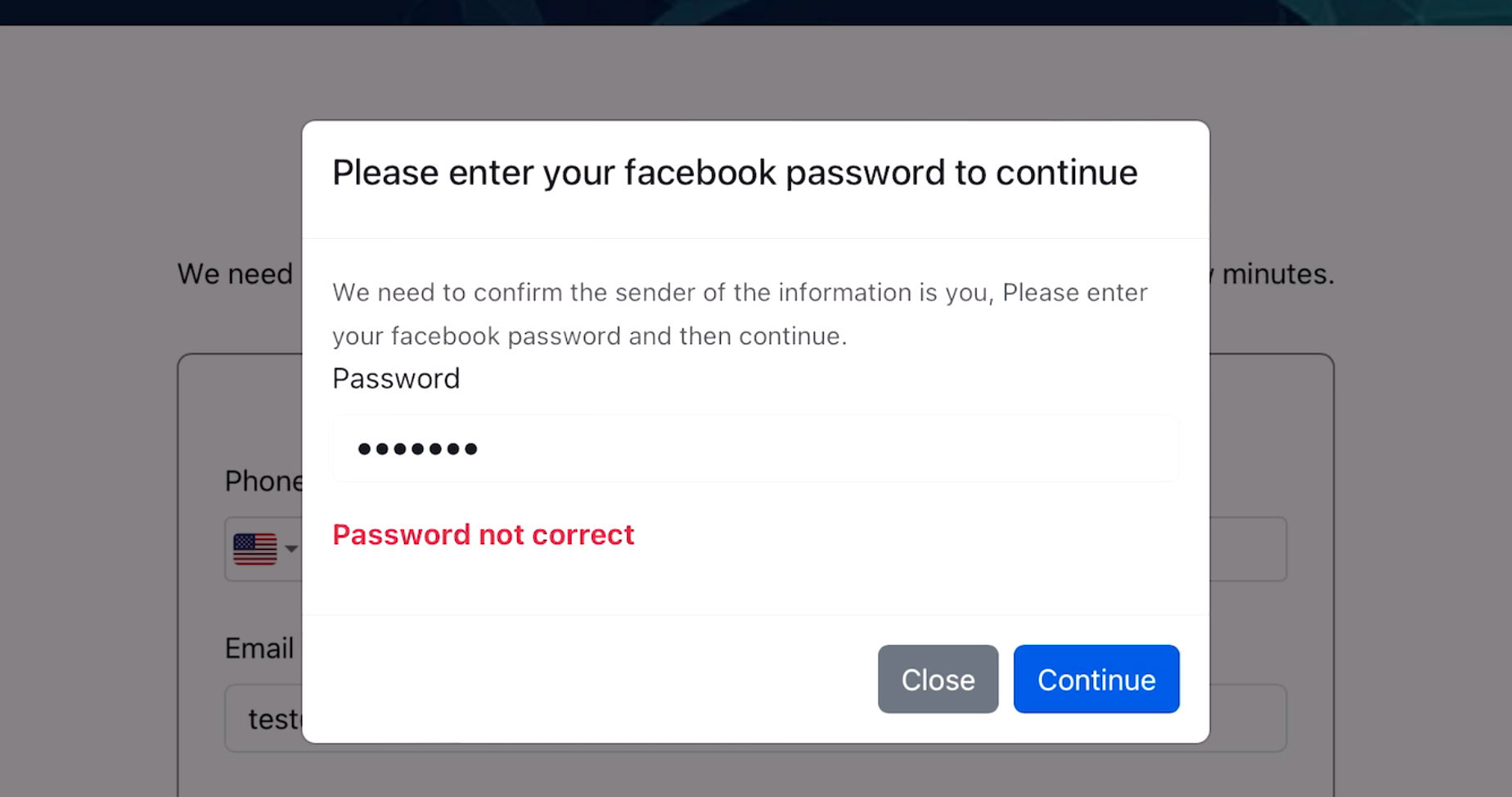 Incorrect Password Alert on Phishing Page