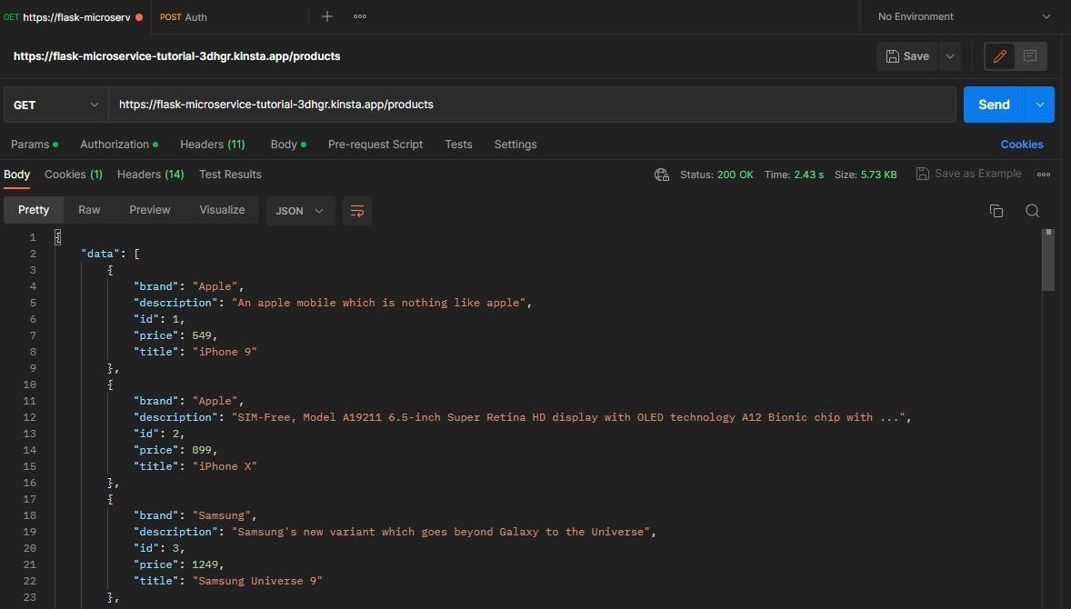 Successful HTTP API GET request to the products endpoint in Postman