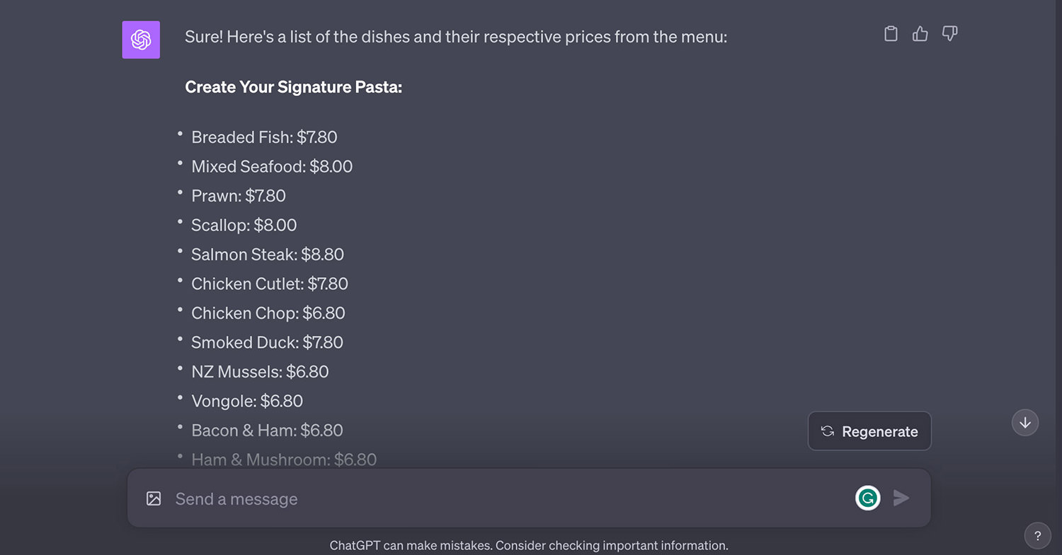 Listed dishes with prices