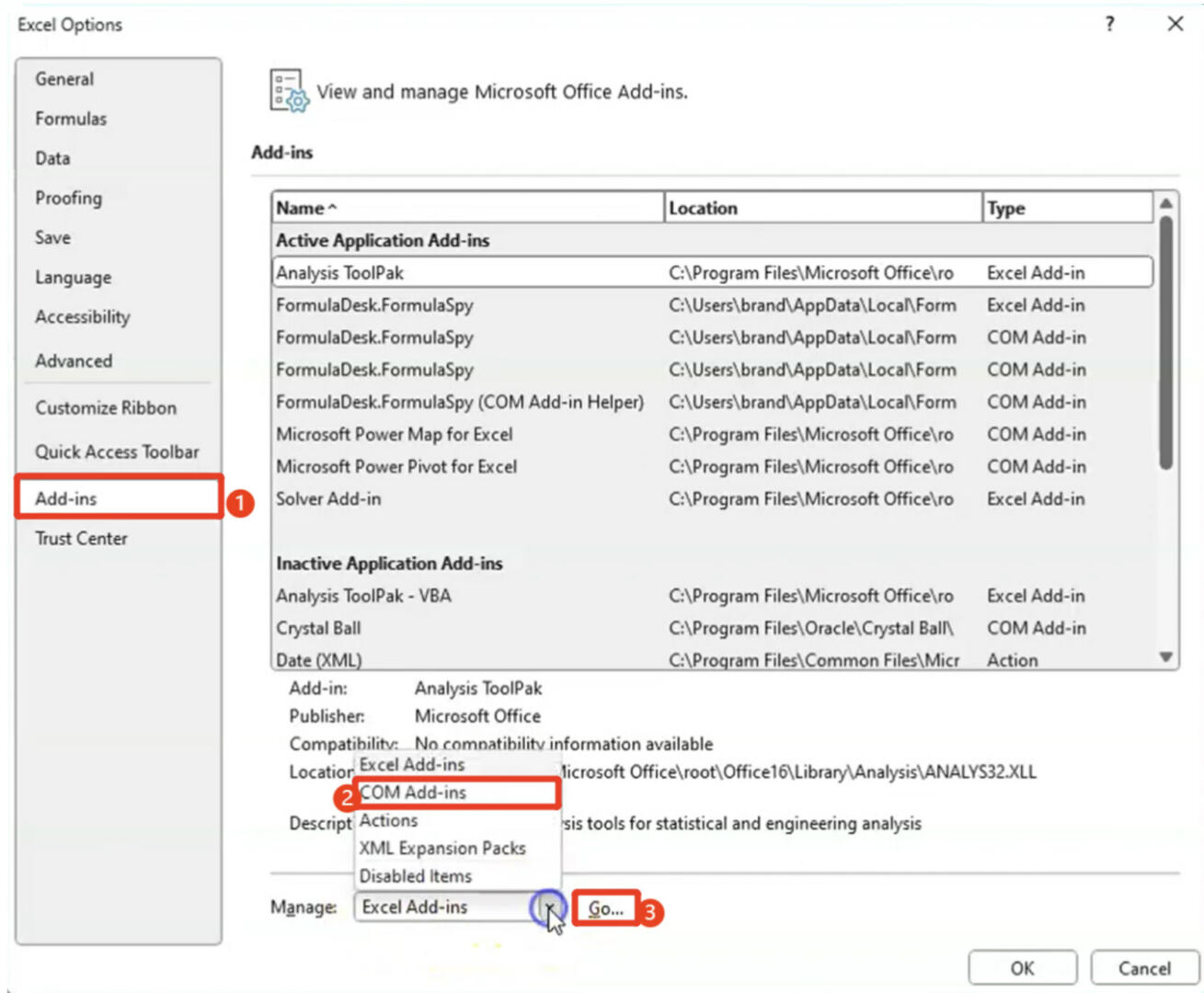 Excel Add-ins Settings