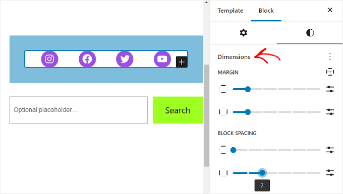 Configuring the Dimensions settings of the Social Icons block