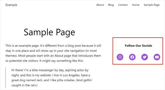 Example of what the Social Icons block looks like on the front end