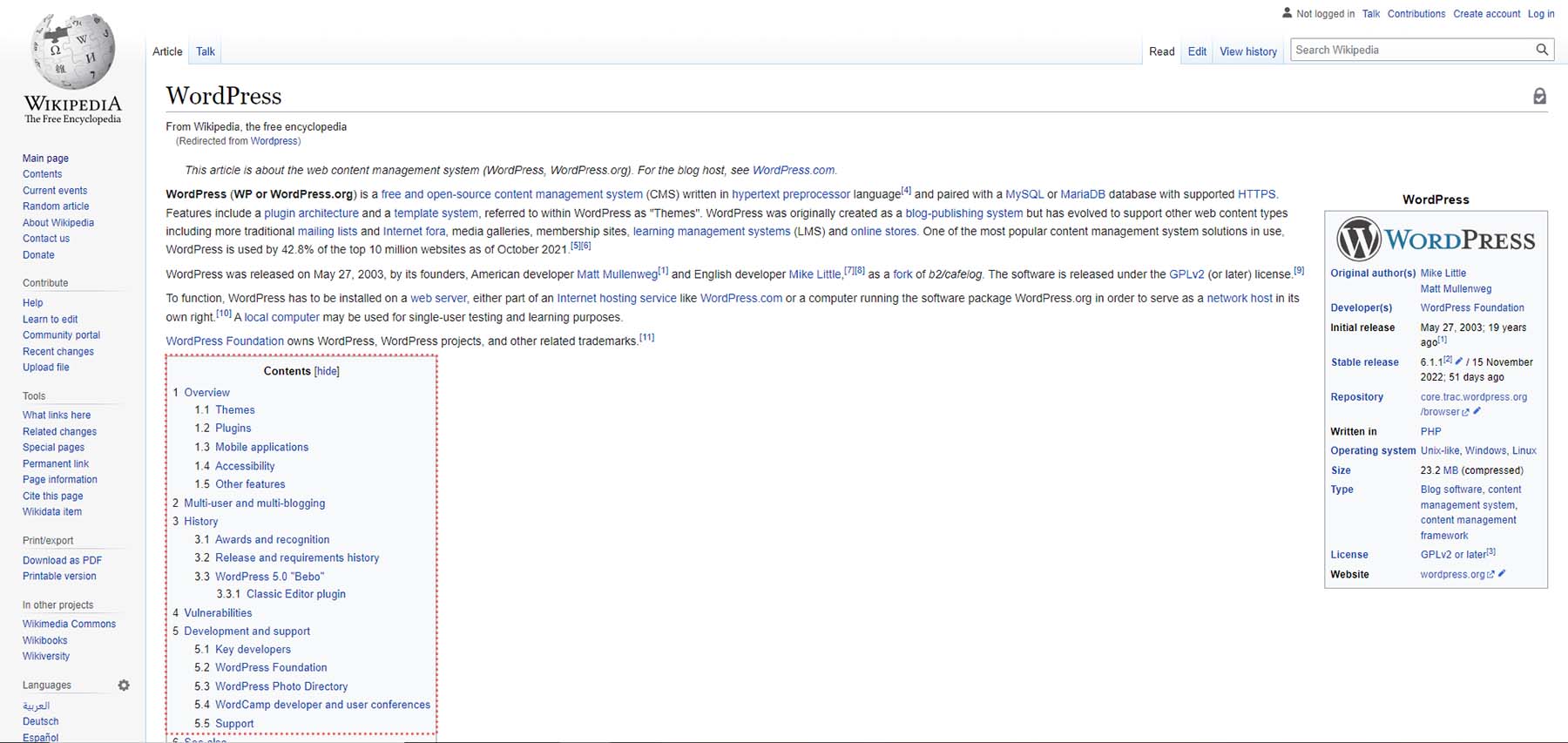 WordPress' Wikipedia page's table of contents