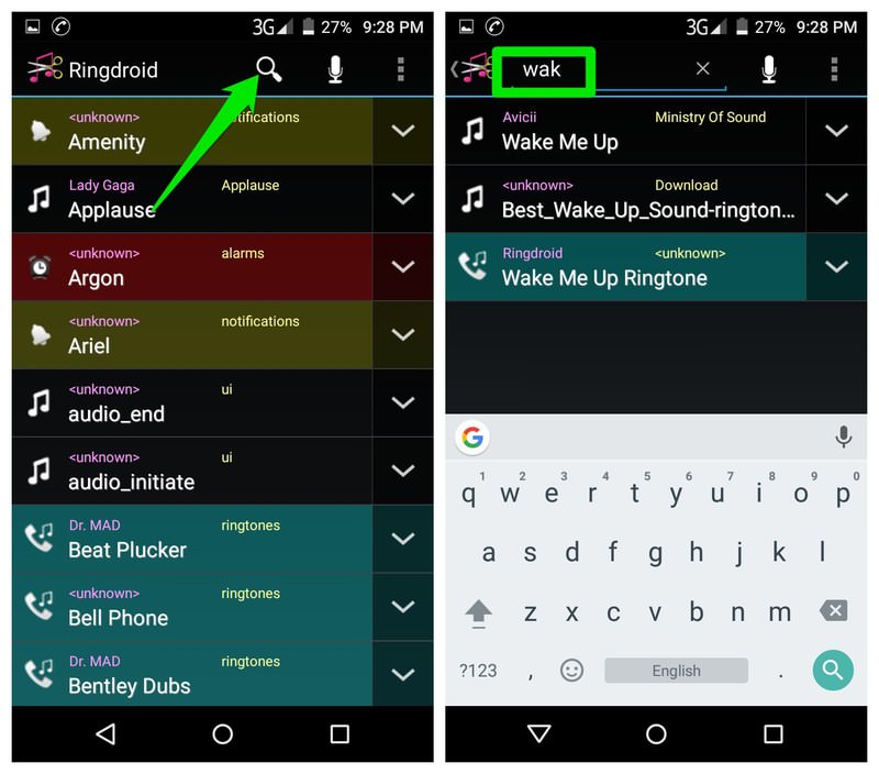 Searching for ringtones in Ringdroid