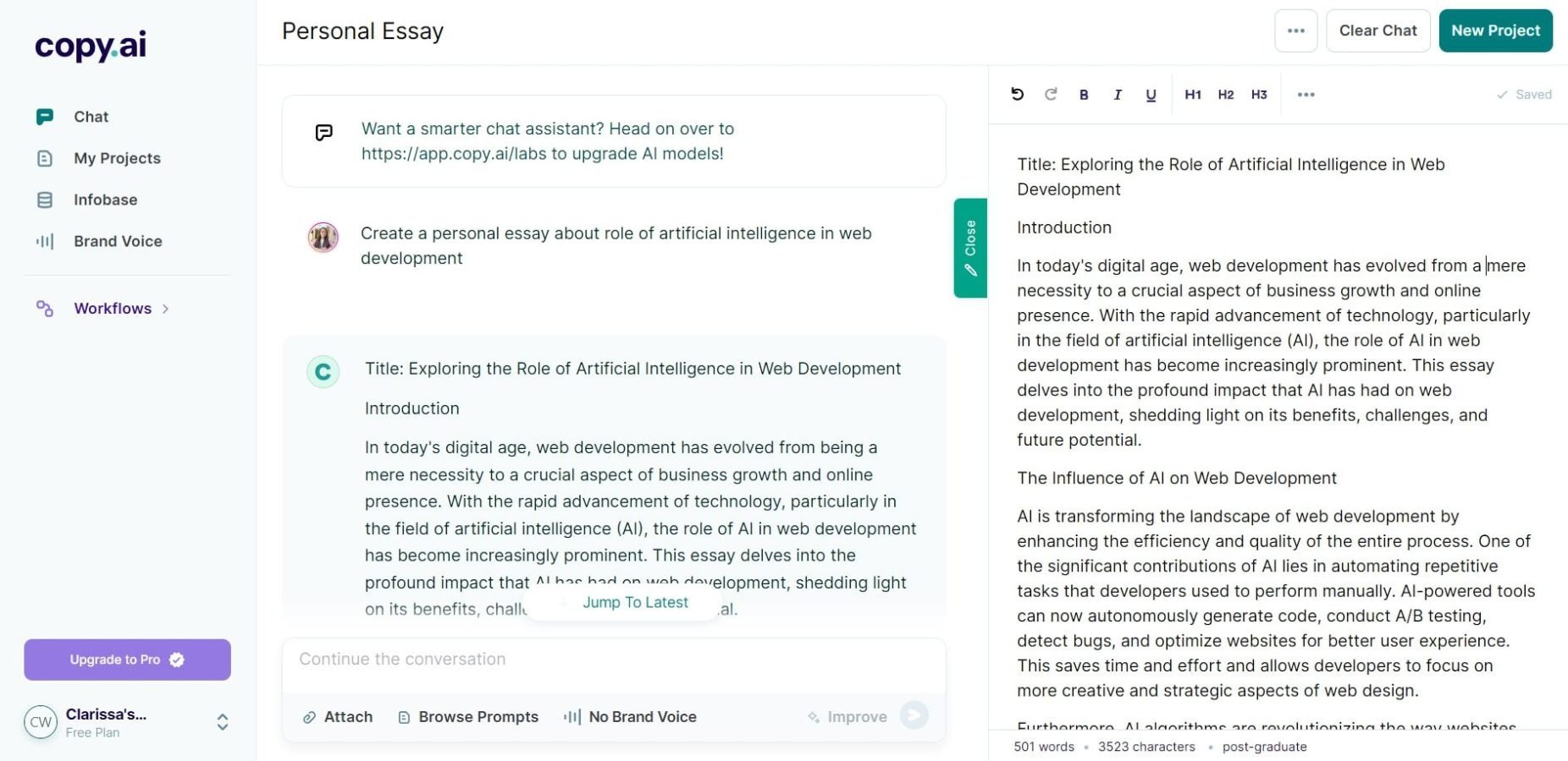 Copy.ai generating essay