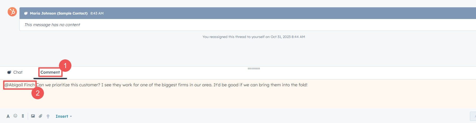 Hubspot Conversation Inbox - Comment and Team Assignments