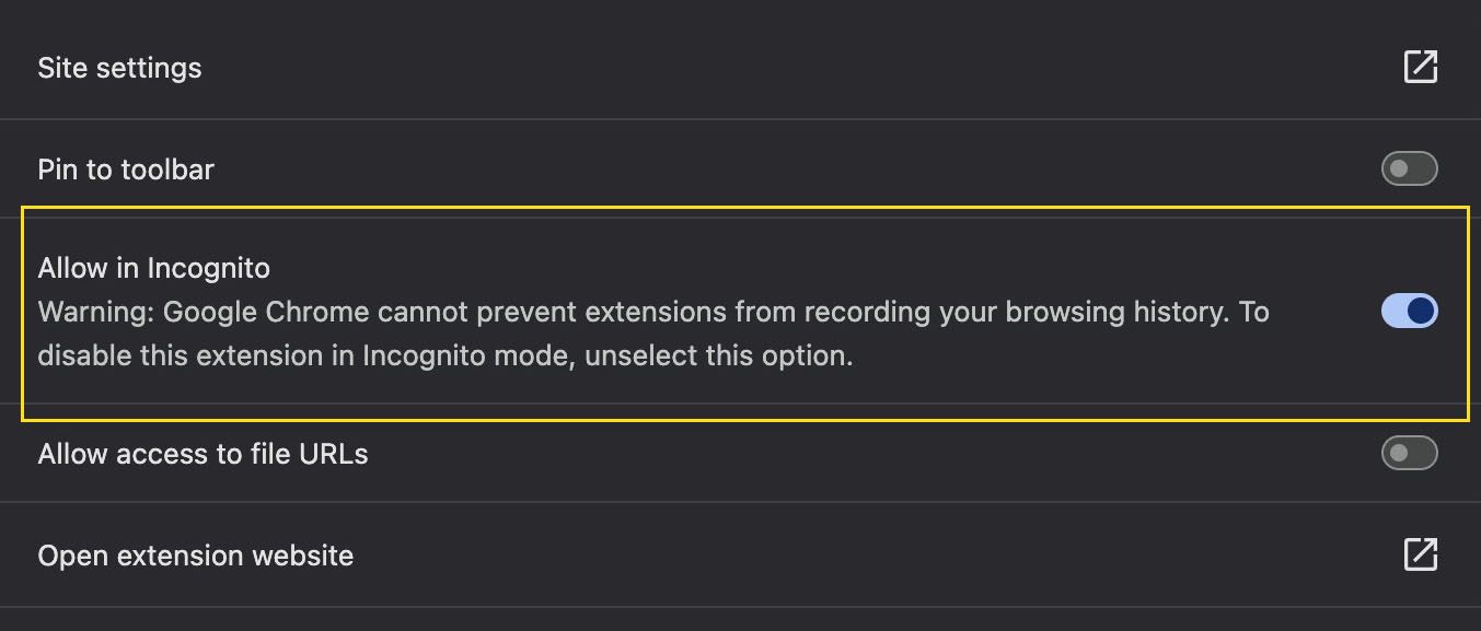 Toggling Allow in Incognito