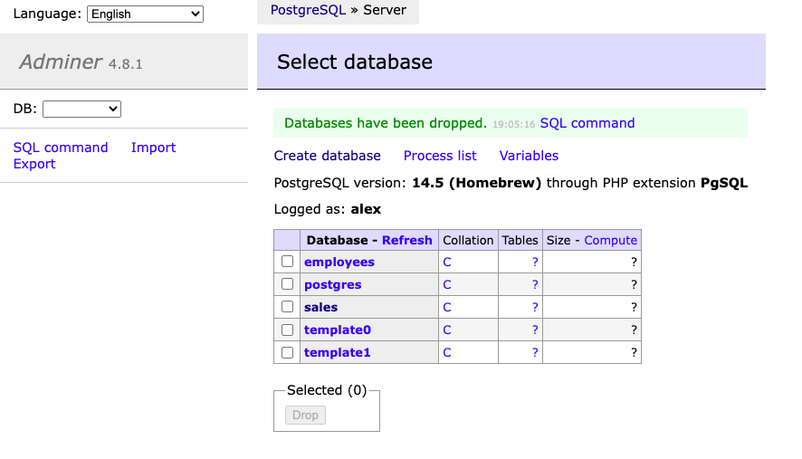 Confirmation message on deleting a database