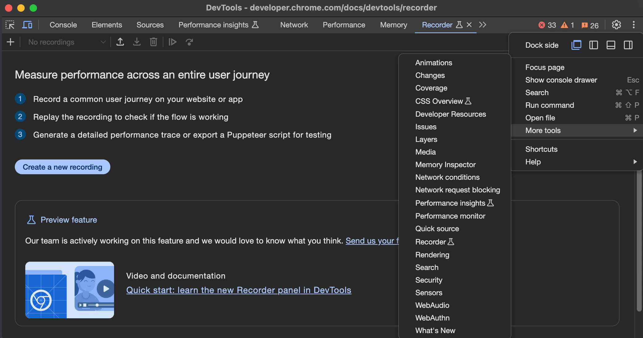 Starting a new recording in Chrome DevTools