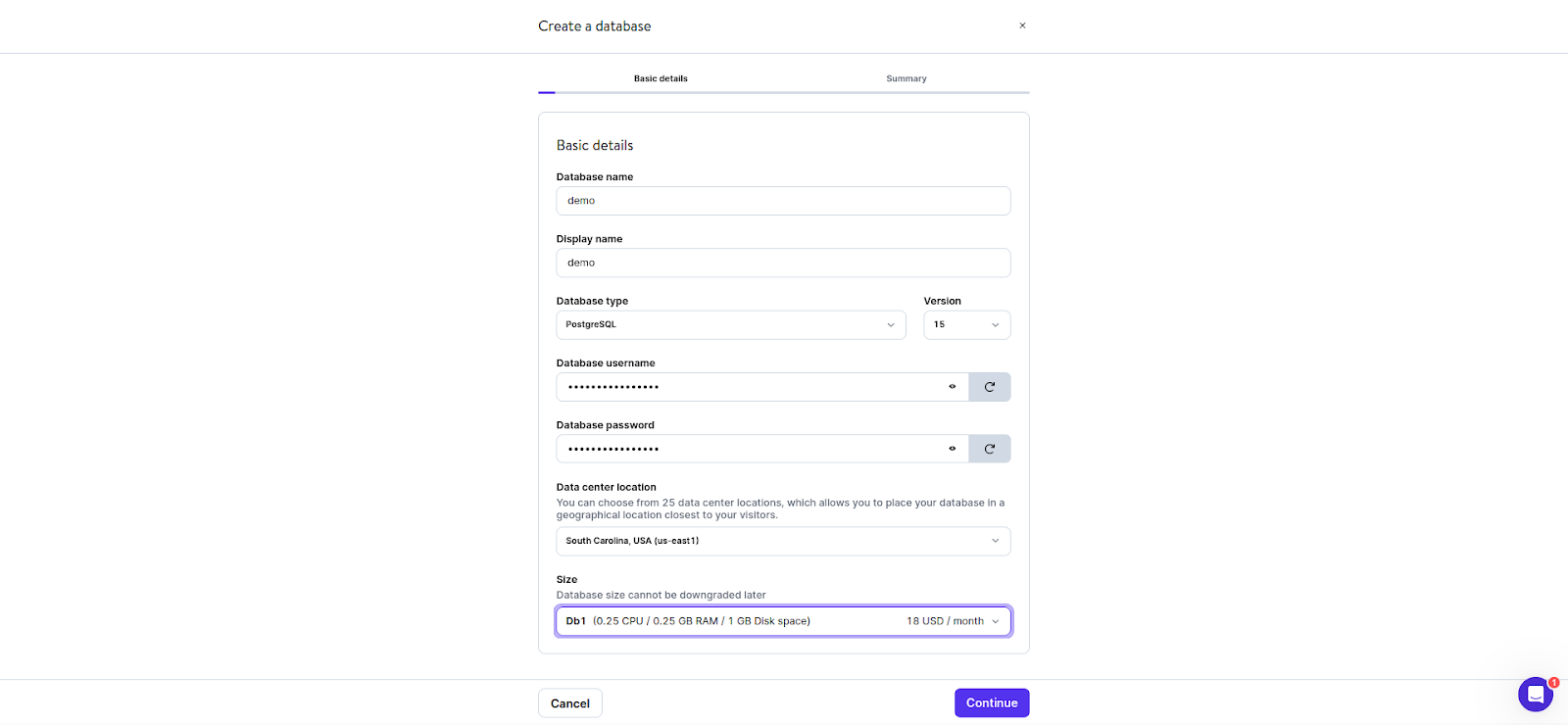 Form for creating a database. The fields include the database name, display name, database type and version, database username and password, data center location, and size. There are two buttons at the bottom of the form: Cancel and Continue