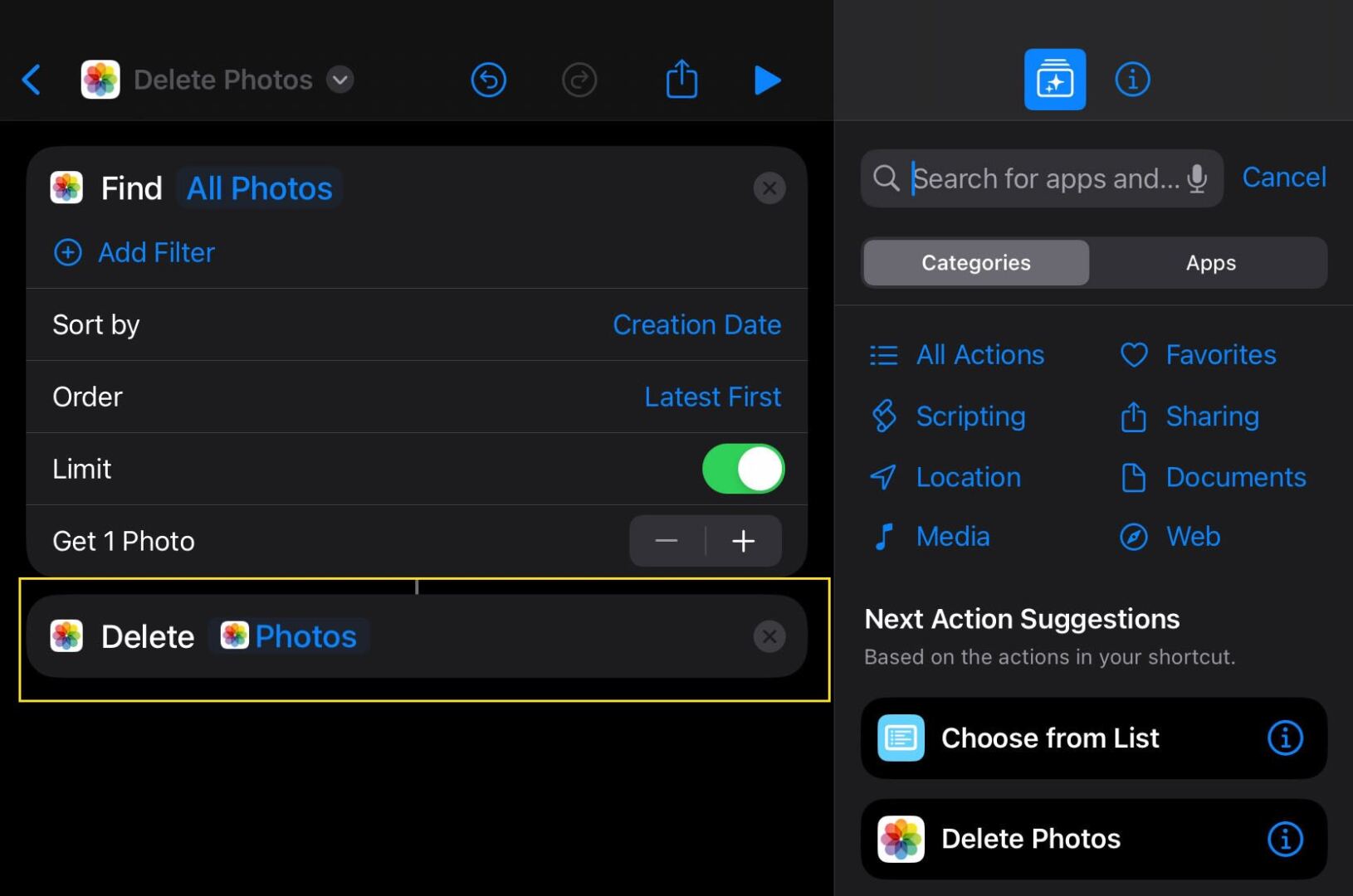 Delete Photos Action