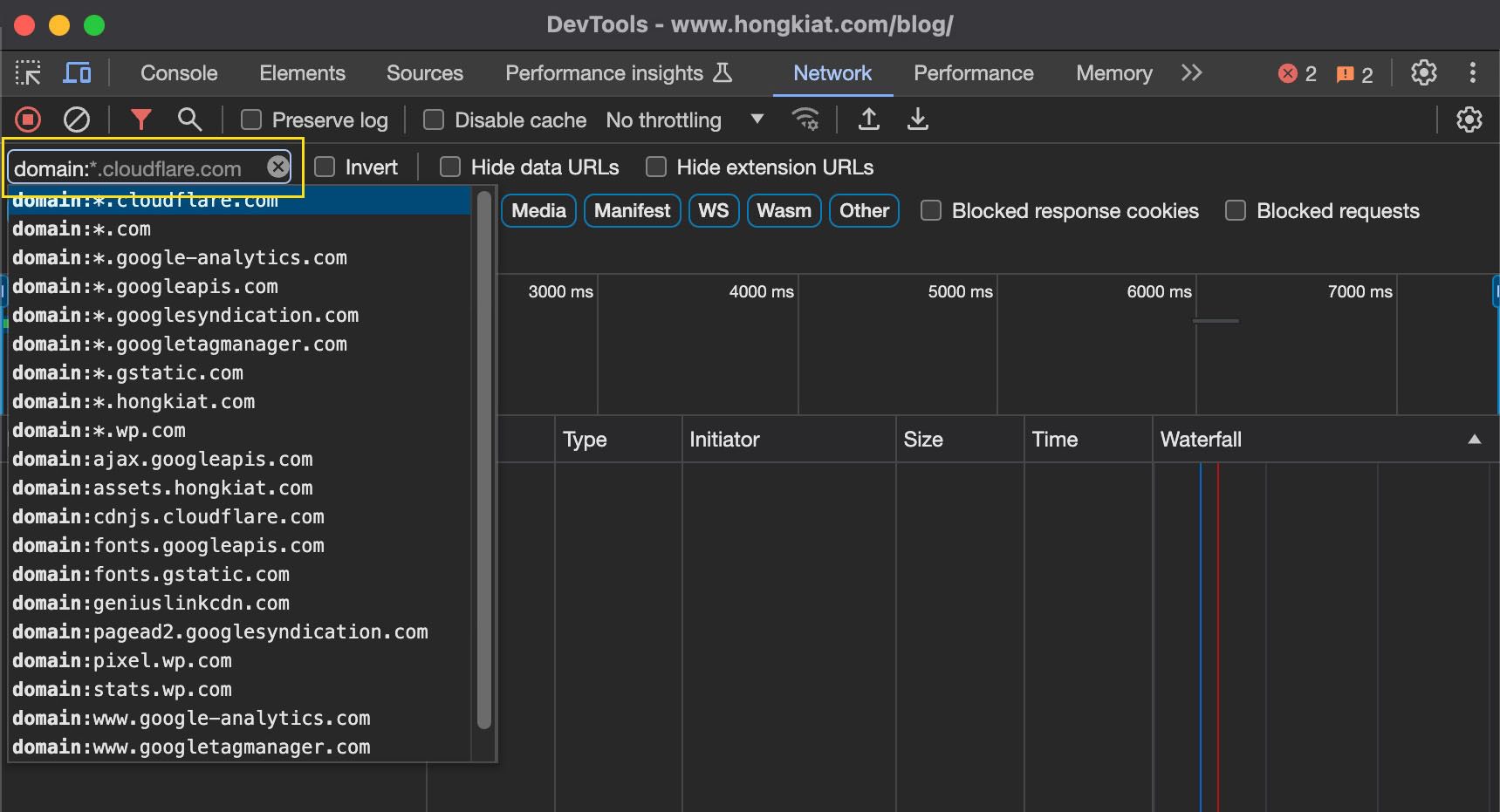 Domain-specific filtering in Chrome DevTools