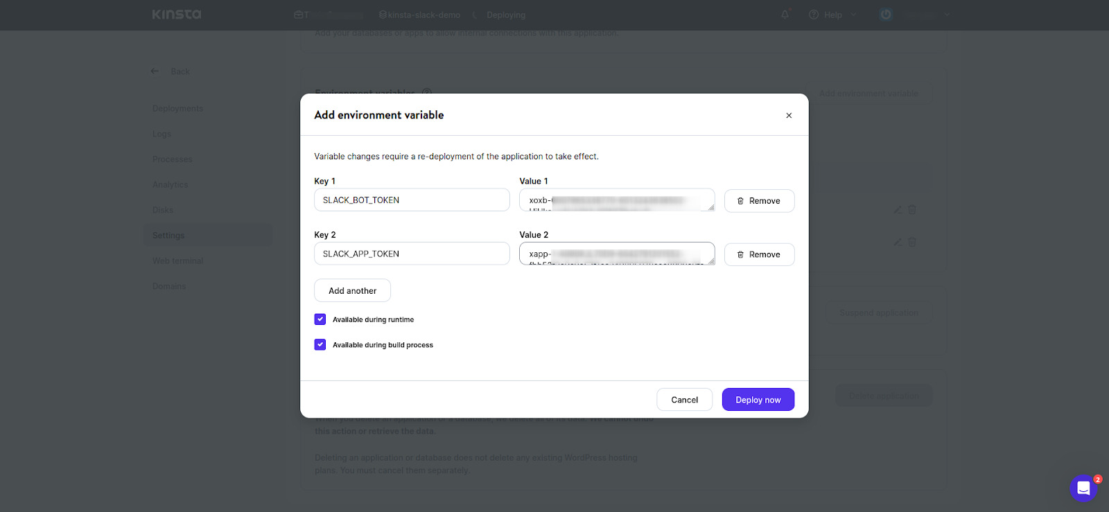 Slack Add environment variable popup with keys, values, and the option to remove them or add another