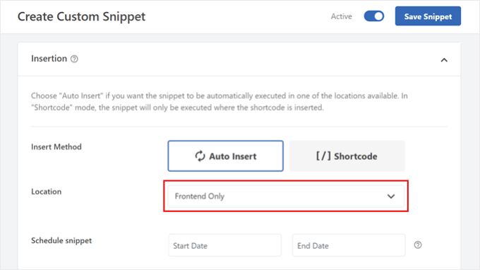 Choosing Frontend Only as the code insertion location in WPCode