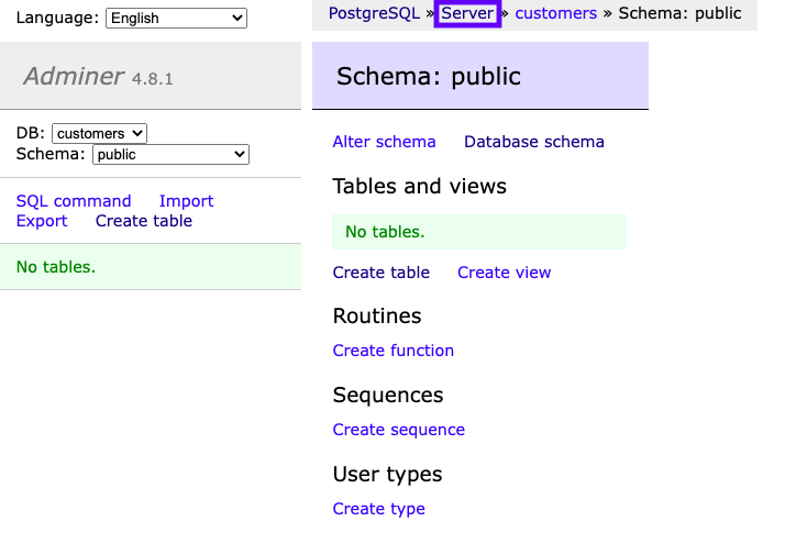 Navigating to the local Postgres server