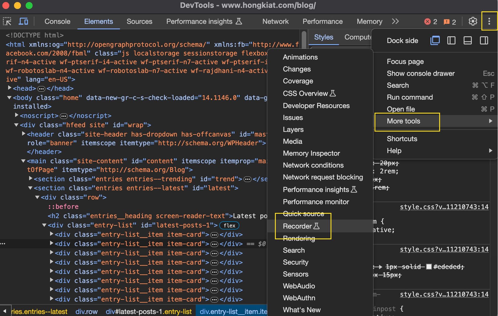 Locating the Recorder tab in Chrome DevTools