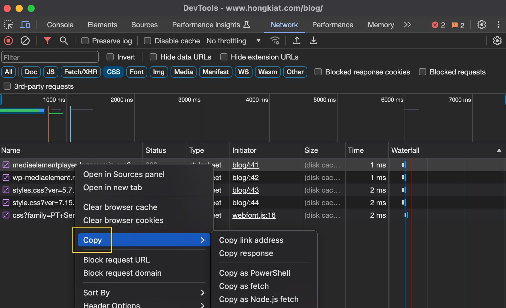 Copying network request in Chrome DevTools