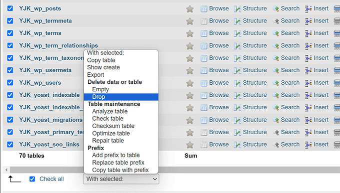 Drop tables