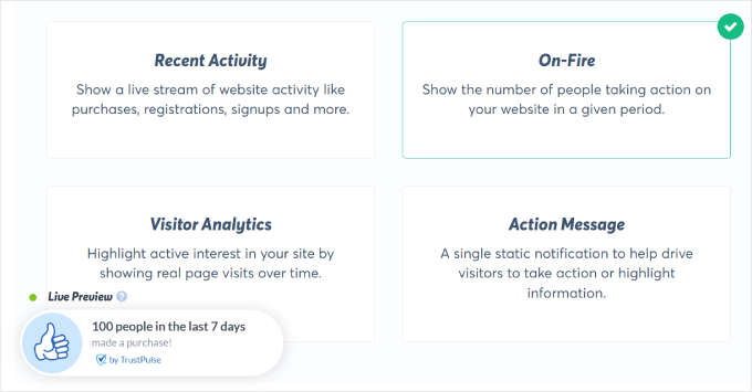 TrustPulse On Fire campaign type example