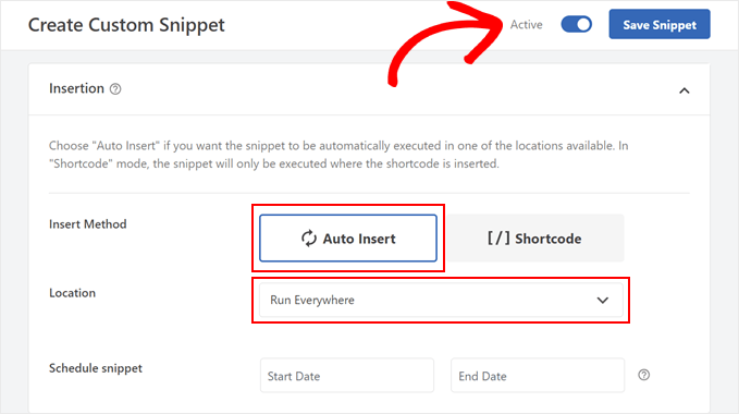 Choosing the insertion method and location in WPCode