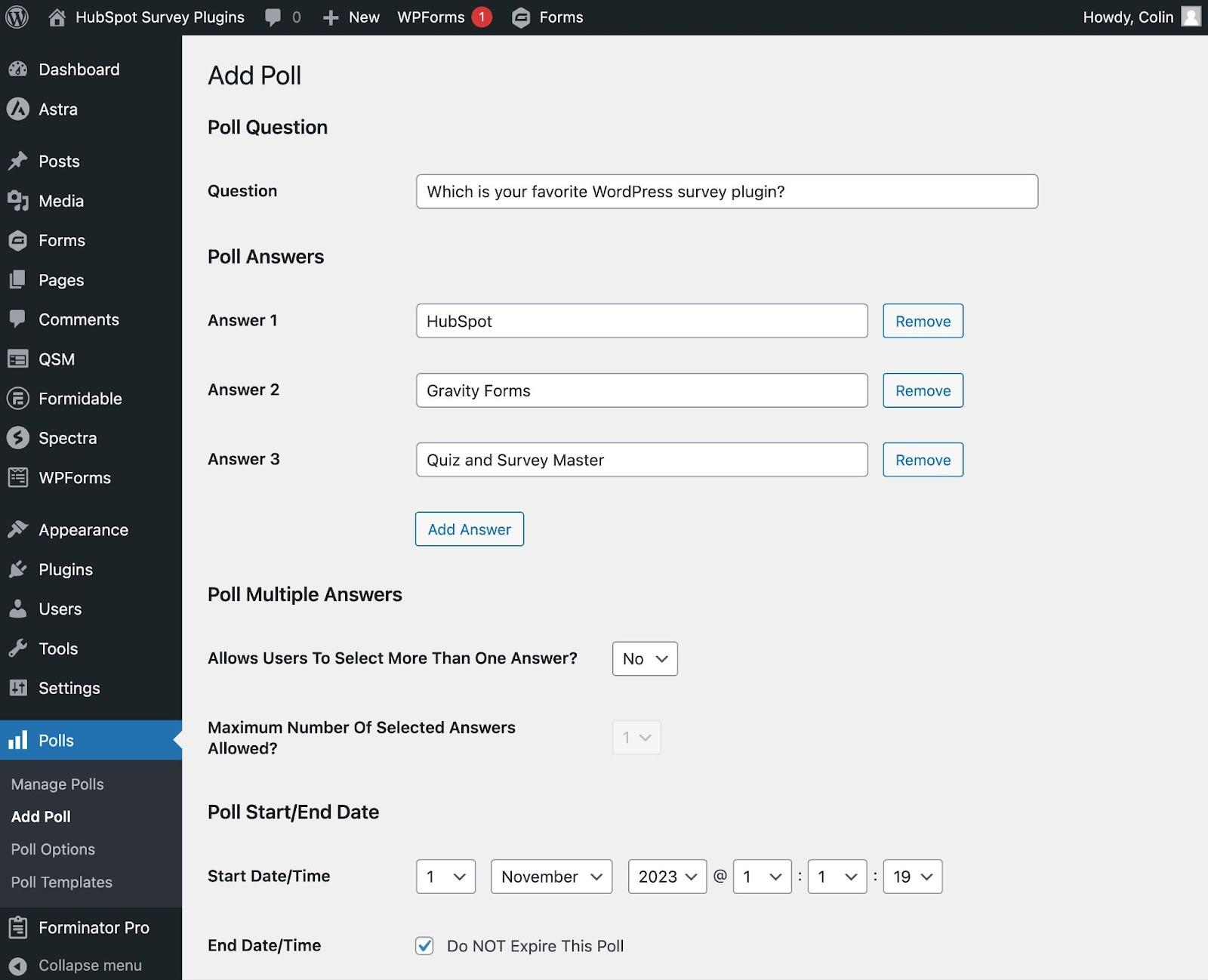 The WP-Polls survey interface