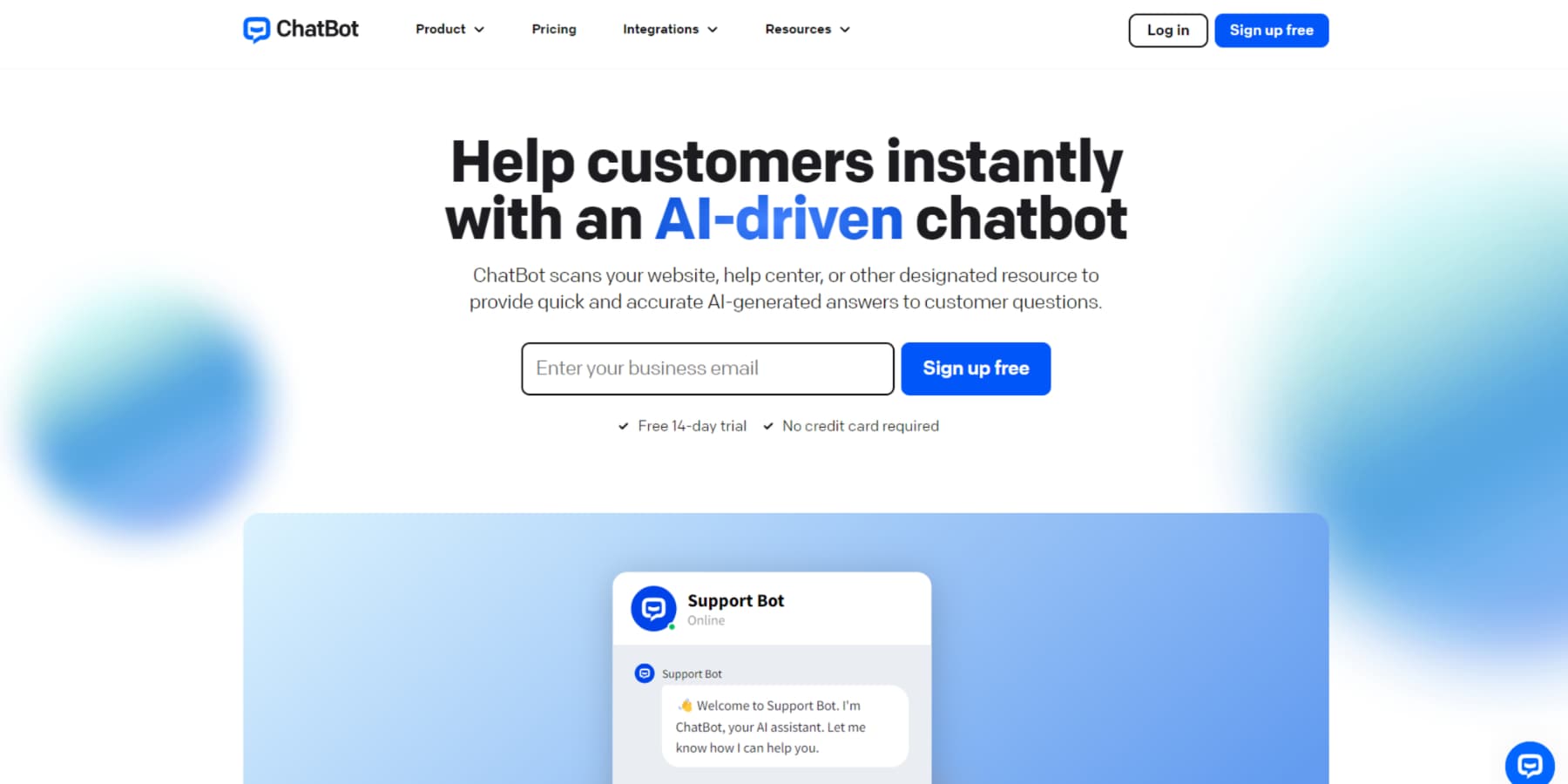 A screenshot of Chatbot.com's homepage