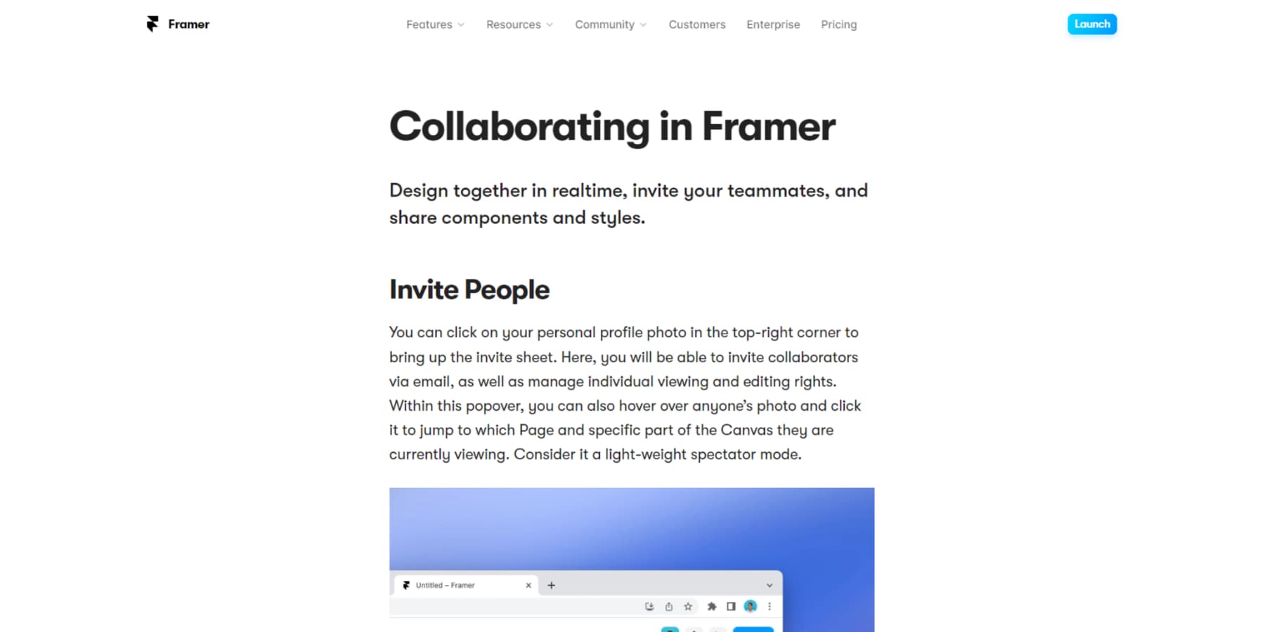 A screenshot of Framer's Collaborative feature's instructions from their documentation