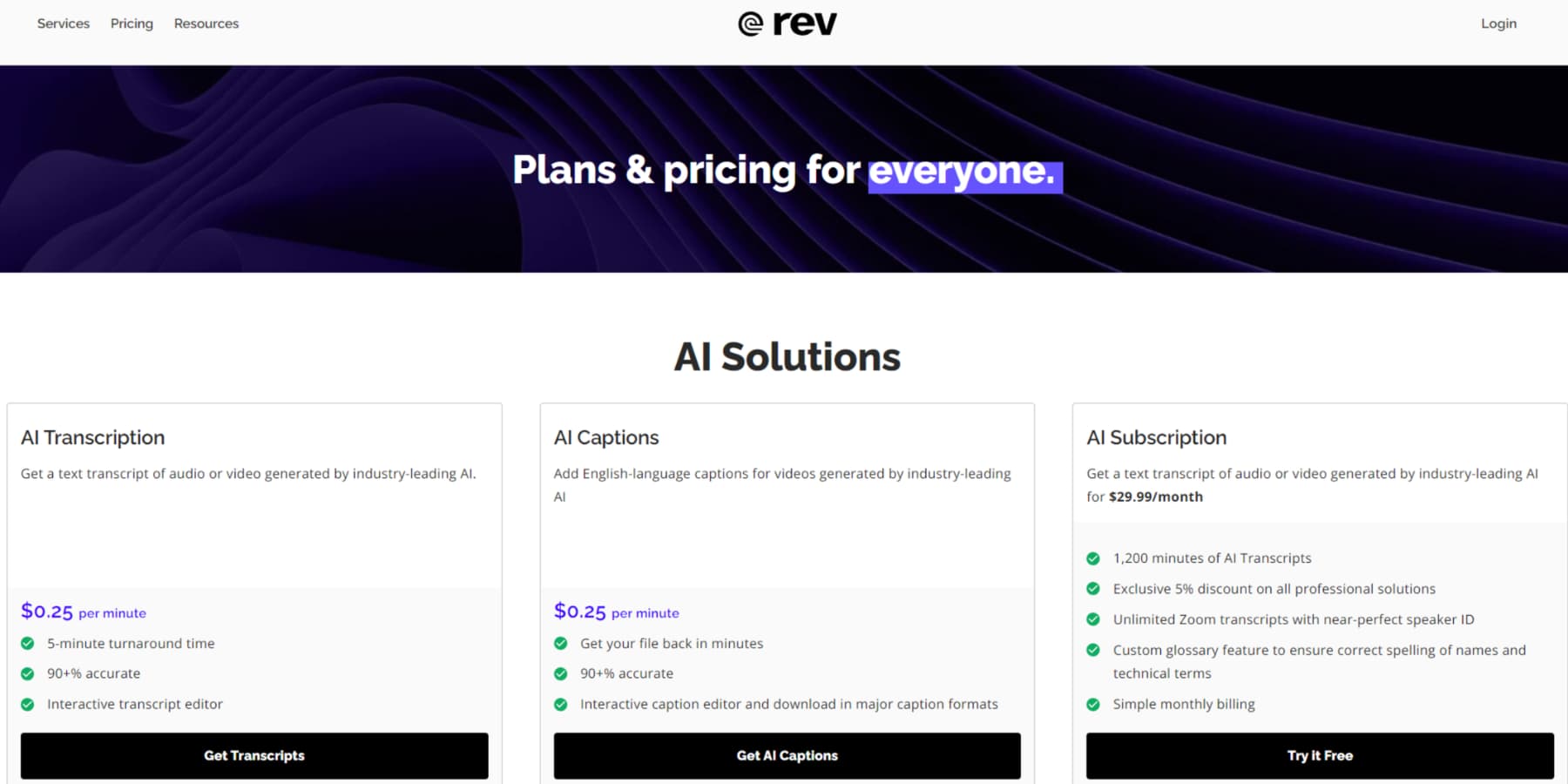 A screenshot of Rev's Pricing