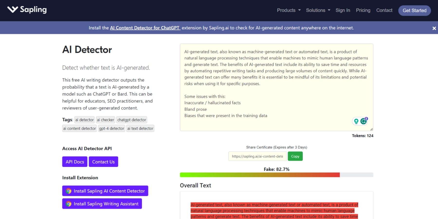 A screenshot of Sapling's AI content detector