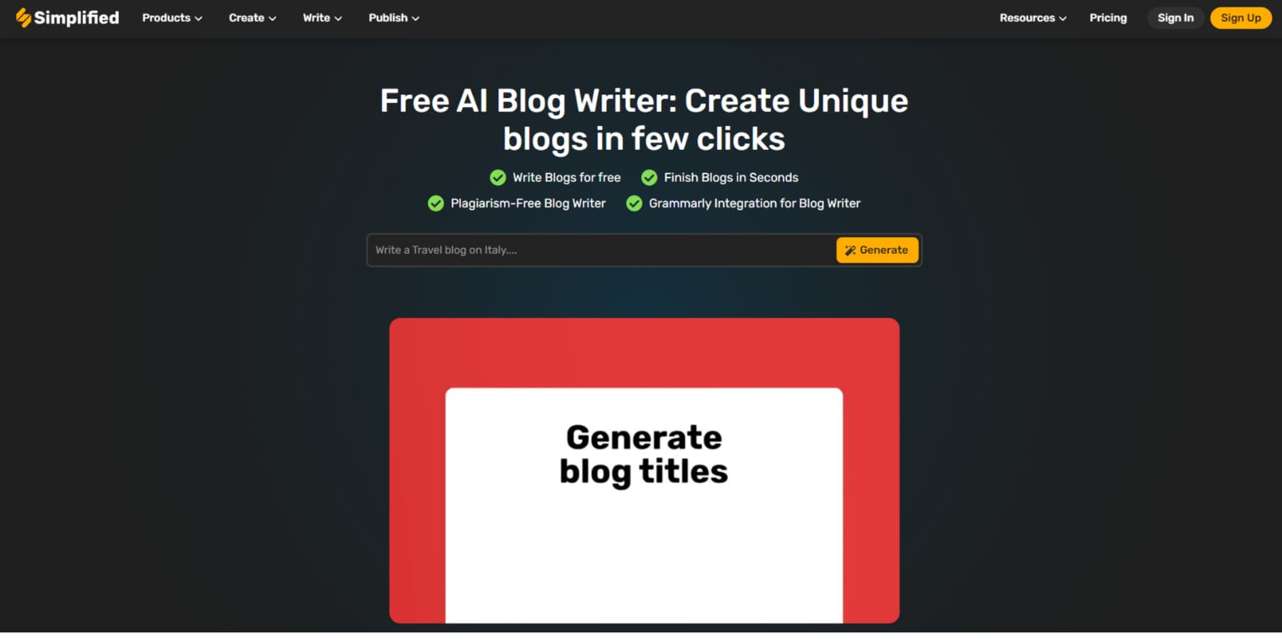 A screenshot of Simplified's AI Blog Writer Landing Page