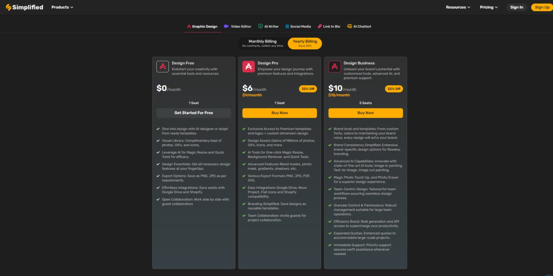 A screenshot of Simplified's Graphic Design Plans