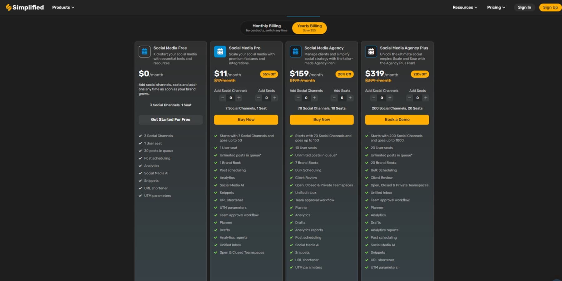 A screenshot of Simplified's Social Media Manager Plans