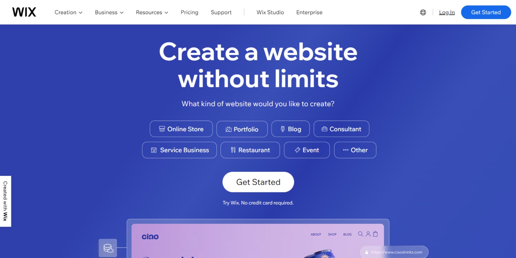 A screenshot of Wix's Homepage