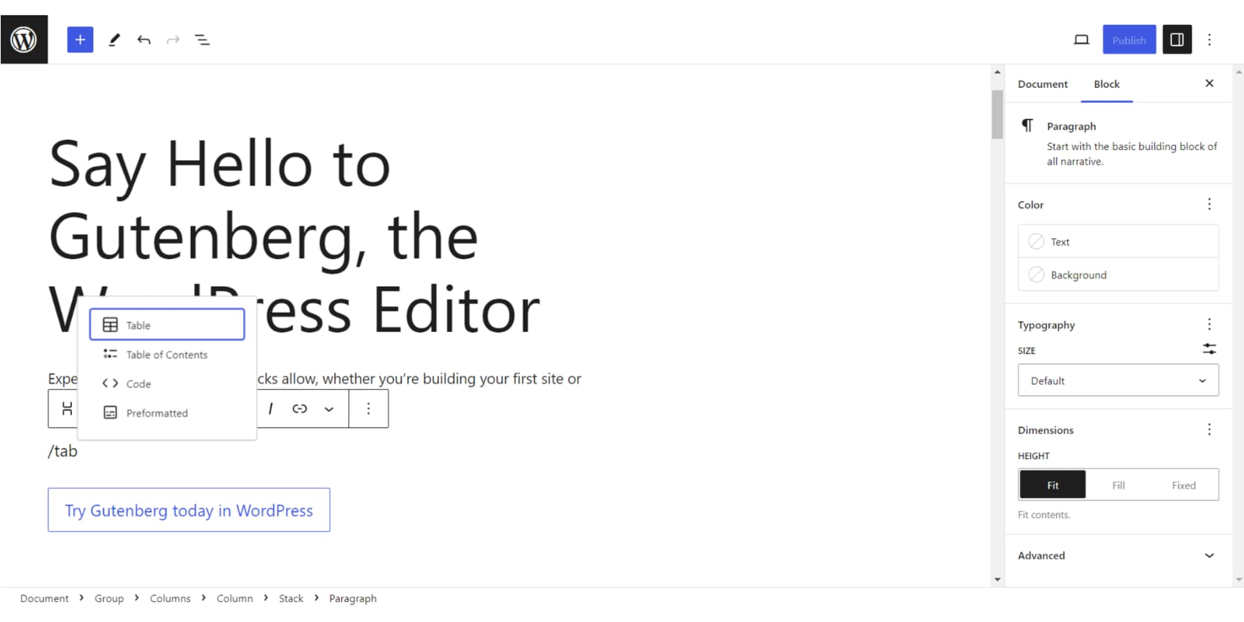 A screenshot of WordPress' Block Editor