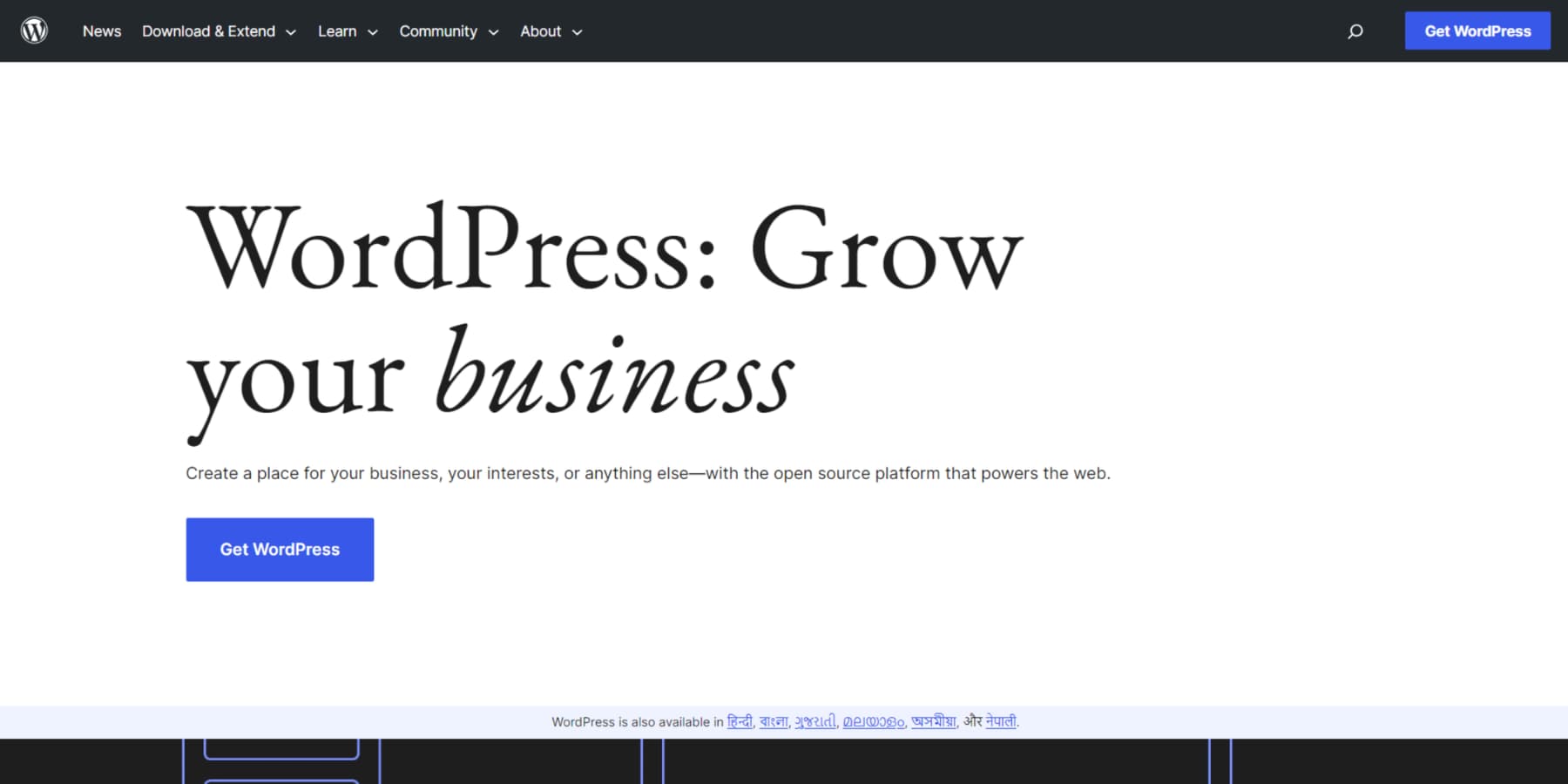A screenshot of WordPress' Homepage