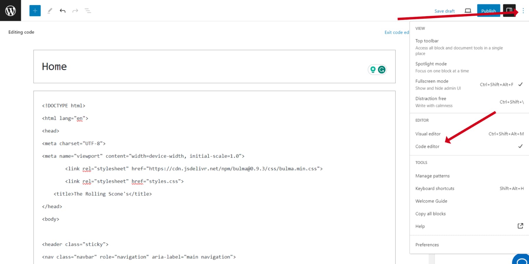 A screenshot of the WordPress' Code Editing mode with code generated by ChatGPT