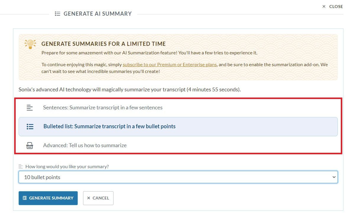 Sonix generating summaries