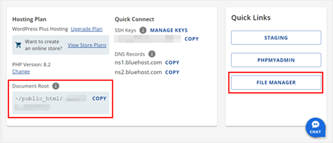 Opening Bluehost's file manager