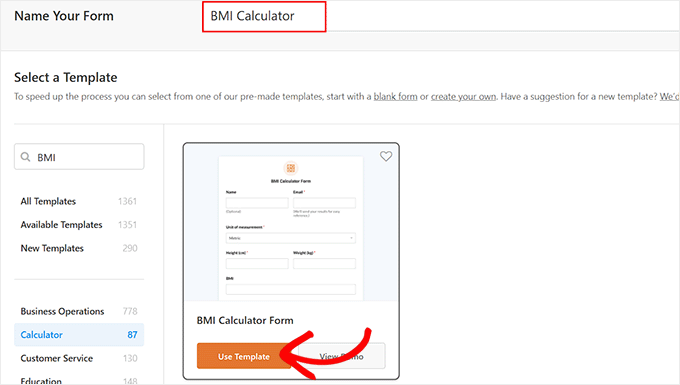 Click the Use Template button under the BMI Calculator Form template