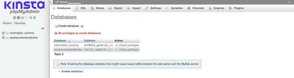 The Kinsta phpMyAdmin interface showing the Databases tab. Two databases are listed, and both have check privileges actions available.