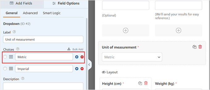 Choose units of measurement for the form