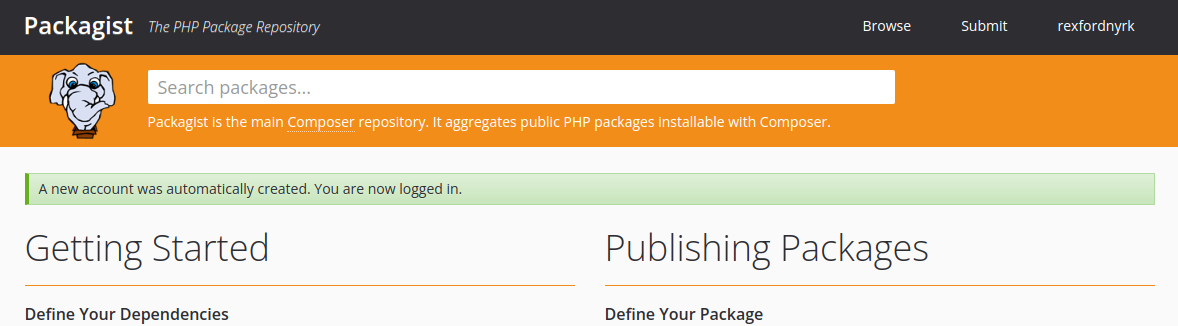 Screenshot of a user logged into Packagist.
